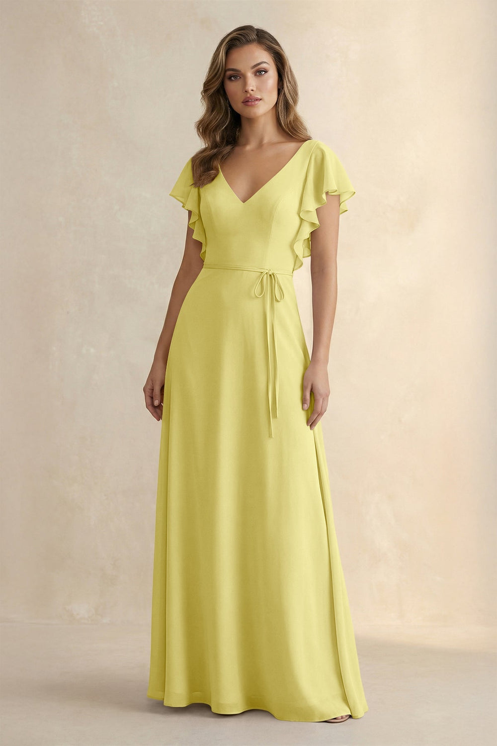 Ruffled V - Neck Chiffon A - Line Bridesmaid Dress in Buttercup - KissProm Bridesmaid Dresses