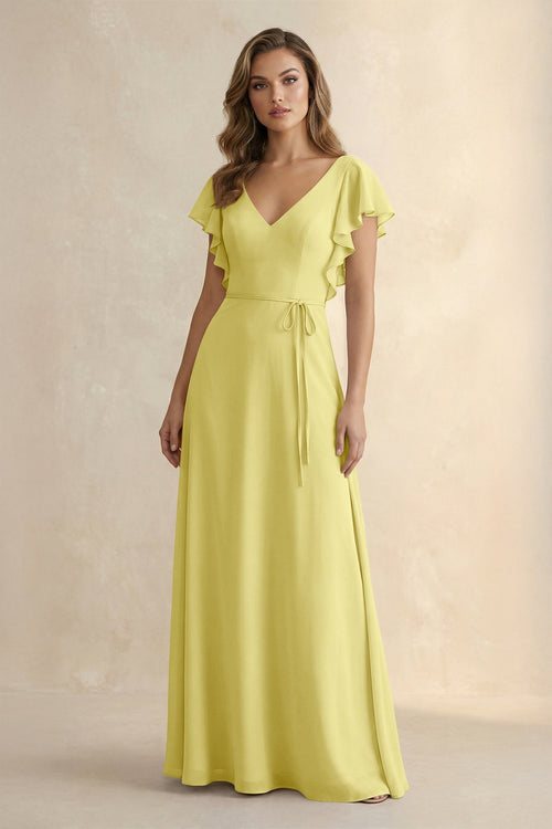 Ruffled V - Neck Chiffon A - Line Bridesmaid Dress in Buttercup - KissProm Bridesmaid Dresses