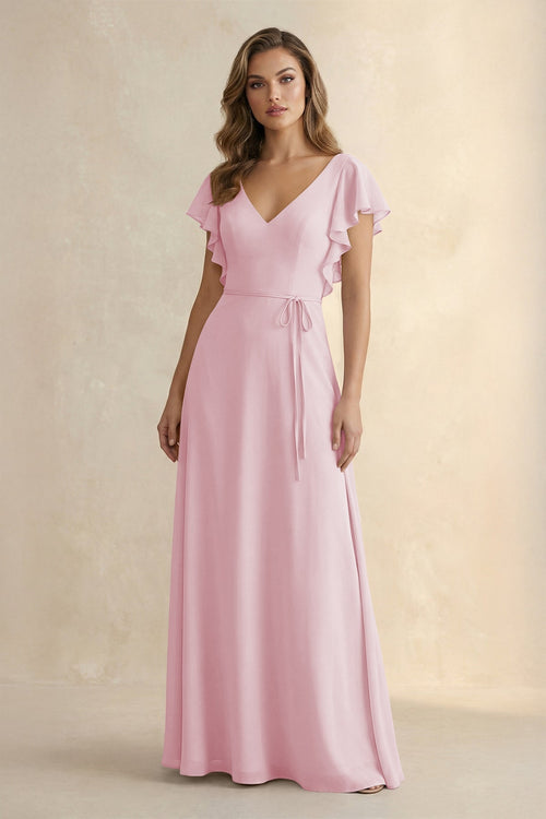 Ruffled V - Neck Chiffon A - Line Bridesmaid Dress in Candy Pink - KissProm Bridesmaid Dresses