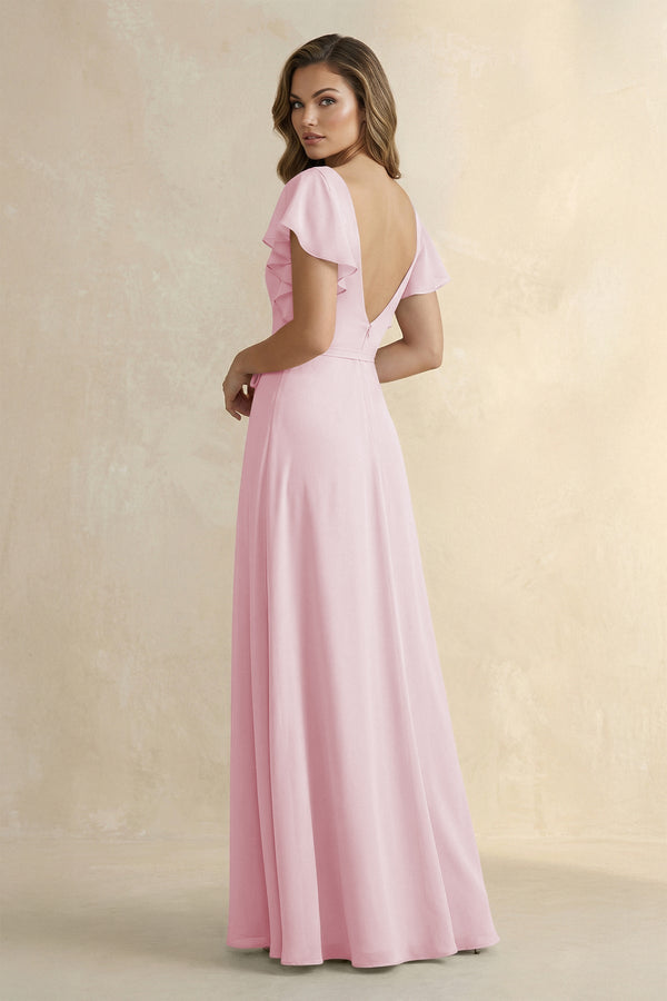 Ruffled V - Neck Chiffon A - Line Bridesmaid Dress in Candy Pink - KissProm Bridesmaid Dresses