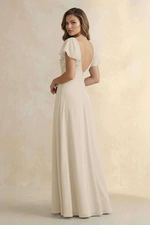 Ruffled V - Neck Chiffon A - Line Bridesmaid Dress in Champagne - KissProm Bridesmaid Dresses