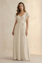 Ruffled V - Neck Chiffon A - Line Bridesmaid Dress in Champagne - KissProm Bridesmaid Dresses
