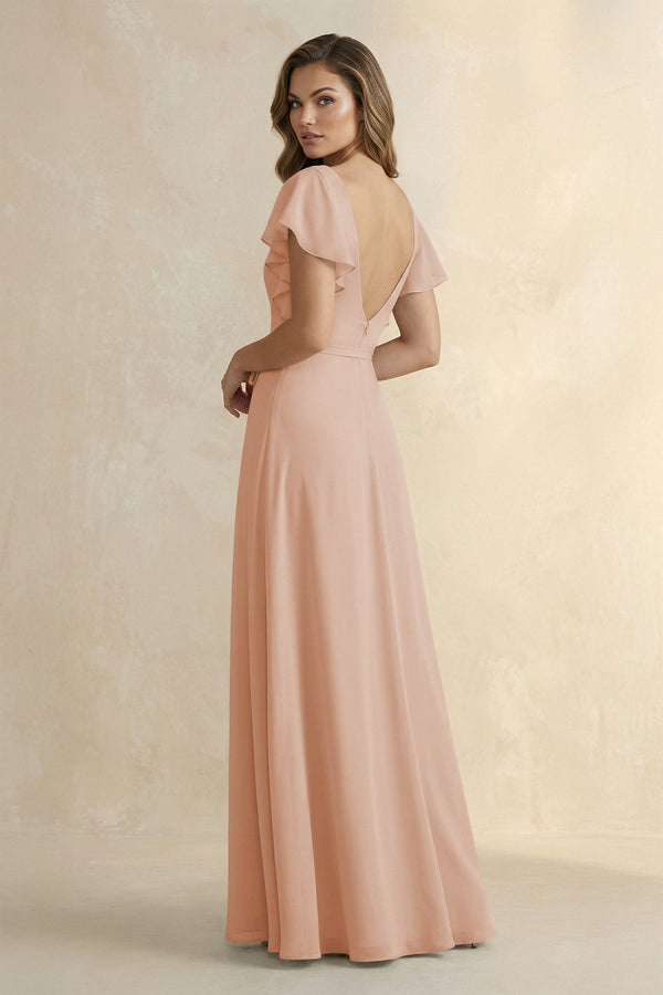 Ruffled V - Neck Chiffon A - Line Bridesmaid Dress in Champagne Rose - KissProm Bridesmaid Dresses