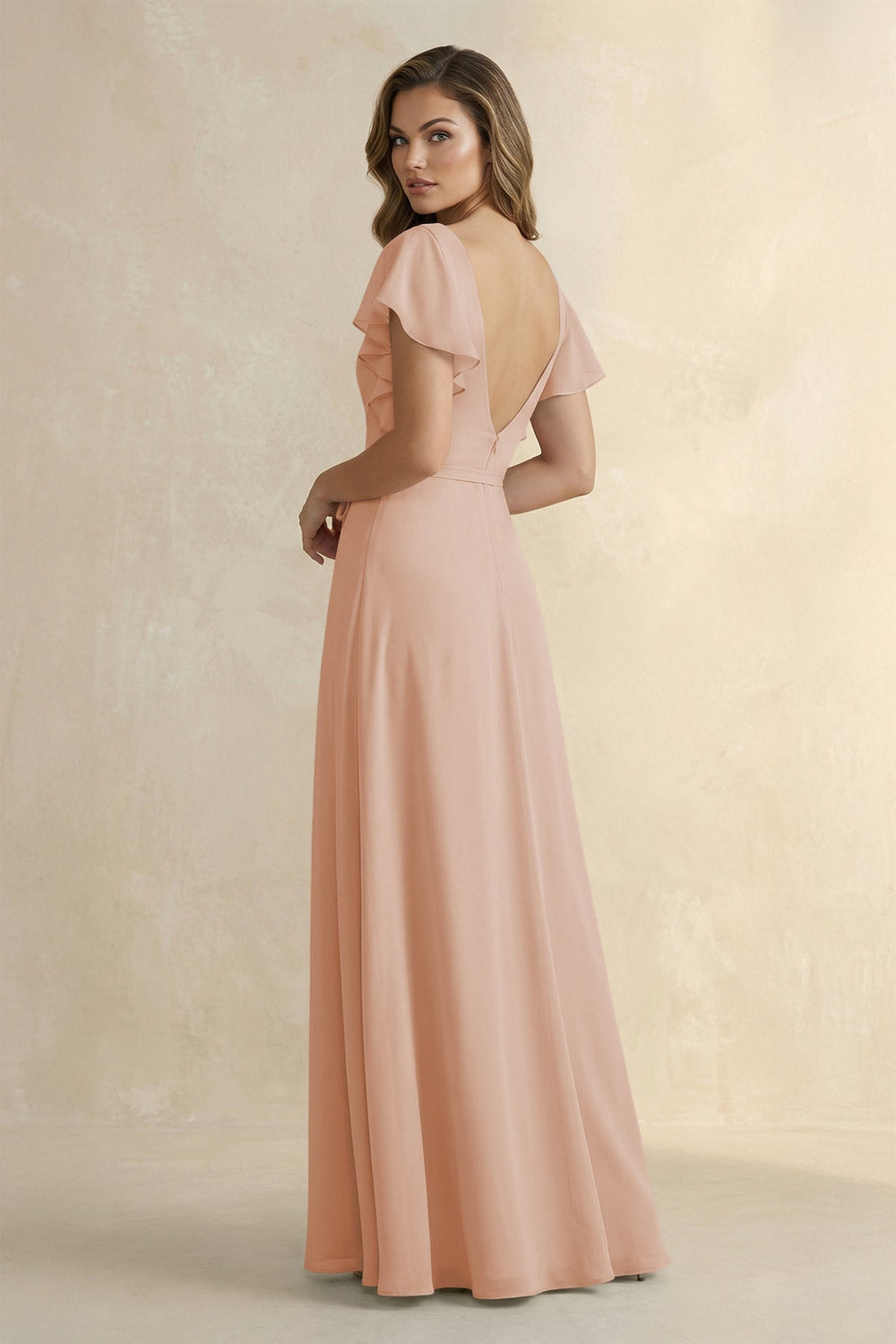 Ruffled V - Neck Chiffon A - Line Bridesmaid Dress in Champagne Rose - KissProm Bridesmaid Dresses