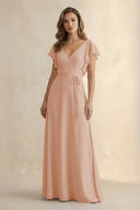Ruffled V - Neck Chiffon A - Line Bridesmaid Dress in Champagne Rose - KissProm Bridesmaid Dresses