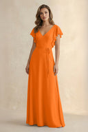 Ruffled V - Neck Chiffon A - Line Bridesmaid Dress in Cinnamon - KissProm Bridesmaid Dresses