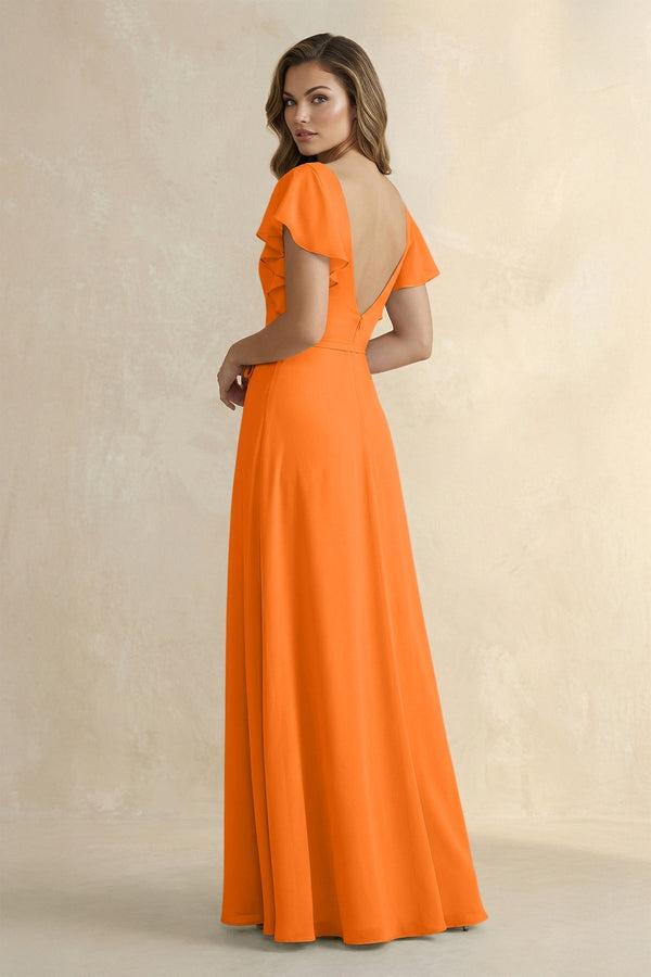 Ruffled V - Neck Chiffon A - Line Bridesmaid Dress in Cinnamon - KissProm Bridesmaid Dresses