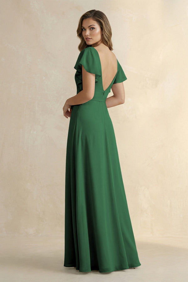 Ruffled V - Neck Chiffon A - Line Bridesmaid Dress in Dark Green - KissProm Bridesmaid Dresses