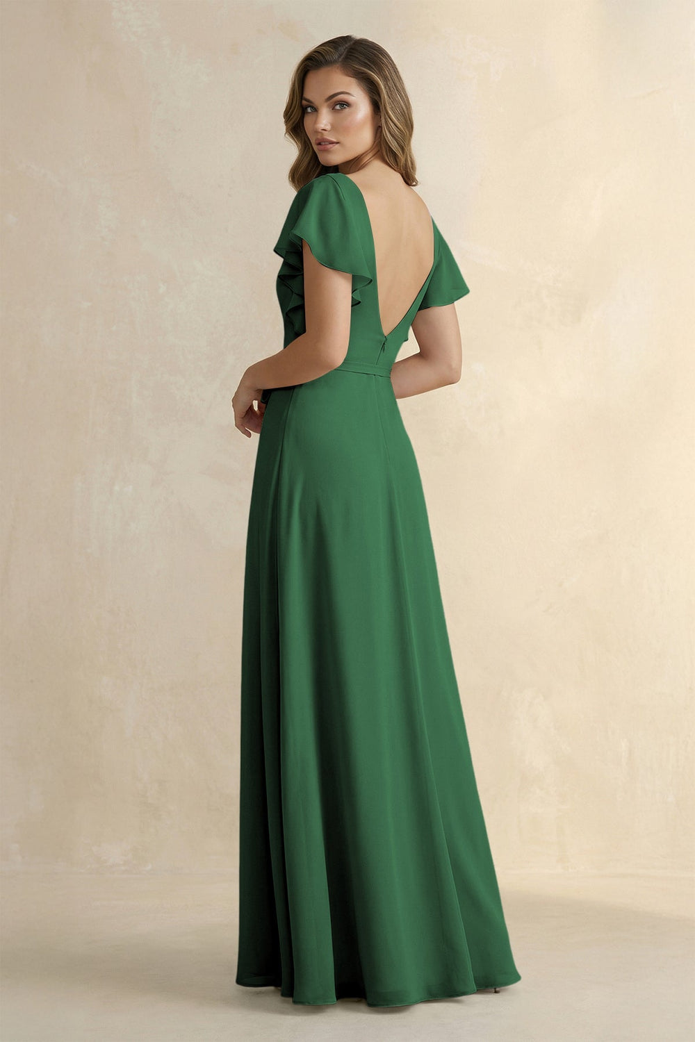 Ruffled V - Neck Chiffon A - Line Bridesmaid Dress in Dark Green - KissProm Bridesmaid Dresses