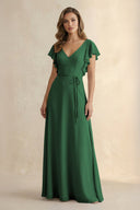 Ruffled V - Neck Chiffon A - Line Bridesmaid Dress in Dark Green - KissProm Bridesmaid Dresses