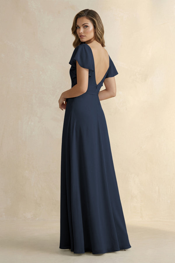 Ruffled V - Neck Chiffon A - Line Bridesmaid Dress in Dark Navy - KissProm Bridesmaid Dresses