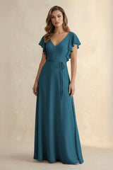 Ruffled V - Neck Chiffon A - Line Bridesmaid Dress in Dark Teal - KissProm Bridesmaid Dresses