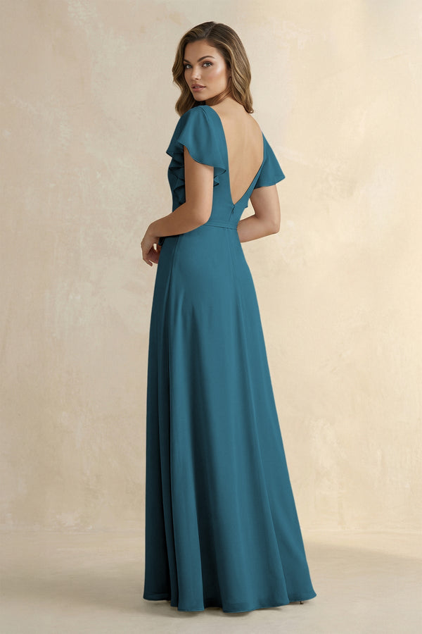 Ruffled V - Neck Chiffon A - Line Bridesmaid Dress in Dark Teal - KissProm Bridesmaid Dresses
