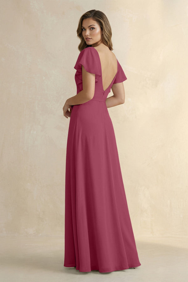 Ruffled V - Neck Chiffon A - Line Bridesmaid Dress in Desert Rose - KissProm Bridesmaid Dresses