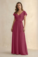 Ruffled V - Neck Chiffon A - Line Bridesmaid Dress in Desert Rose - KissProm Bridesmaid Dresses