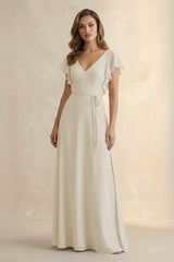 Ruffled V - Neck Chiffon A - Line Bridesmaid Dress in Dove Gray - KissProm Bridesmaid Dresses