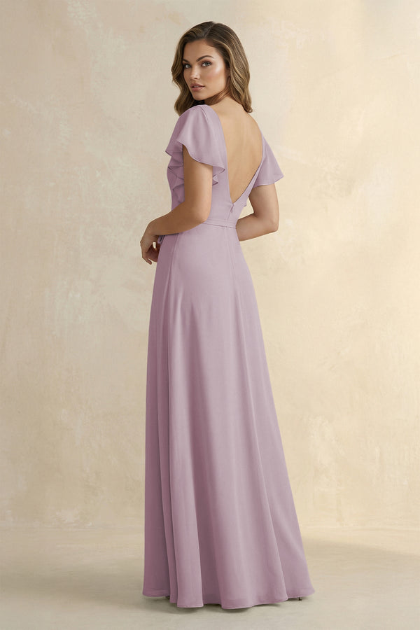 Ruffled V - Neck Chiffon A - Line Bridesmaid Dress in Dusk - KissProm Bridesmaid Dresses