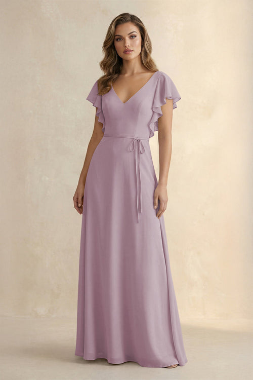 Ruffled V - Neck Chiffon A - Line Bridesmaid Dress in Dusk - KissProm Bridesmaid Dresses