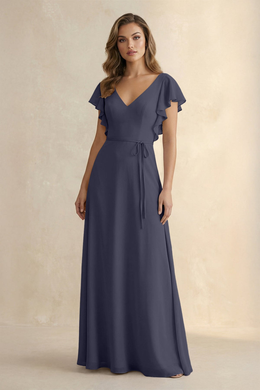 Ruffled V - Neck Chiffon A - Line Bridesmaid Dress in Dusk Blue - KissProm Bridesmaid Dresses