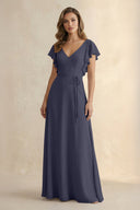 Ruffled V - Neck Chiffon A - Line Bridesmaid Dress in Dusk Blue - KissProm Bridesmaid Dresses
