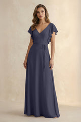 Ruffled V - Neck Chiffon A - Line Bridesmaid Dress in Dusk Blue - KissProm Bridesmaid Dresses