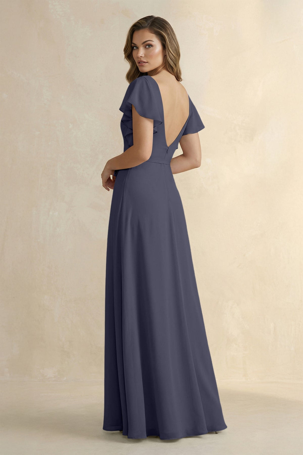 Ruffled V - Neck Chiffon A - Line Bridesmaid Dress in Dusk Blue - KissProm Bridesmaid Dresses