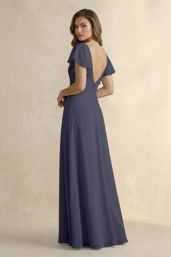 Ruffled V - Neck Chiffon A - Line Bridesmaid Dress in Dusk Blue - KissProm Bridesmaid Dresses