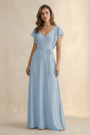 Ruffled V - Neck Chiffon A - Line Bridesmaid Dress in Dusty Blue - KissProm Bridesmaid Dresses