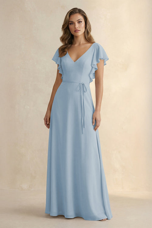Ruffled V - Neck Chiffon A - Line Bridesmaid Dress in Dusty Blue - KissProm Bridesmaid Dresses