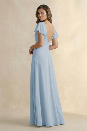 Ruffled V - Neck Chiffon A - Line Bridesmaid Dress in Dusty Blue - KissProm Bridesmaid Dresses