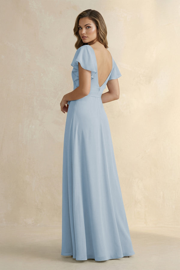 Ruffled V - Neck Chiffon A - Line Bridesmaid Dress in Dusty Blue - KissProm Bridesmaid Dresses