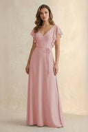 Ruffled V - Neck Chiffon A - Line Bridesmaid Dress in Dusty Rose - KissProm Bridesmaid Dresses
