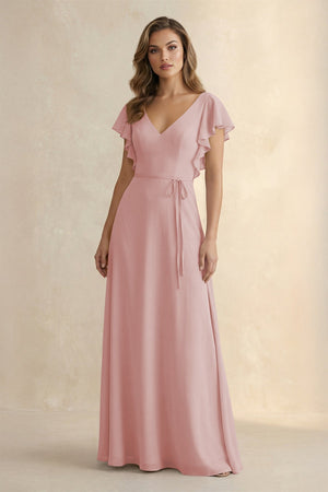 Ruffled V - Neck Chiffon A - Line Bridesmaid Dress in Dusty Rose - KissProm Bridesmaid Dresses