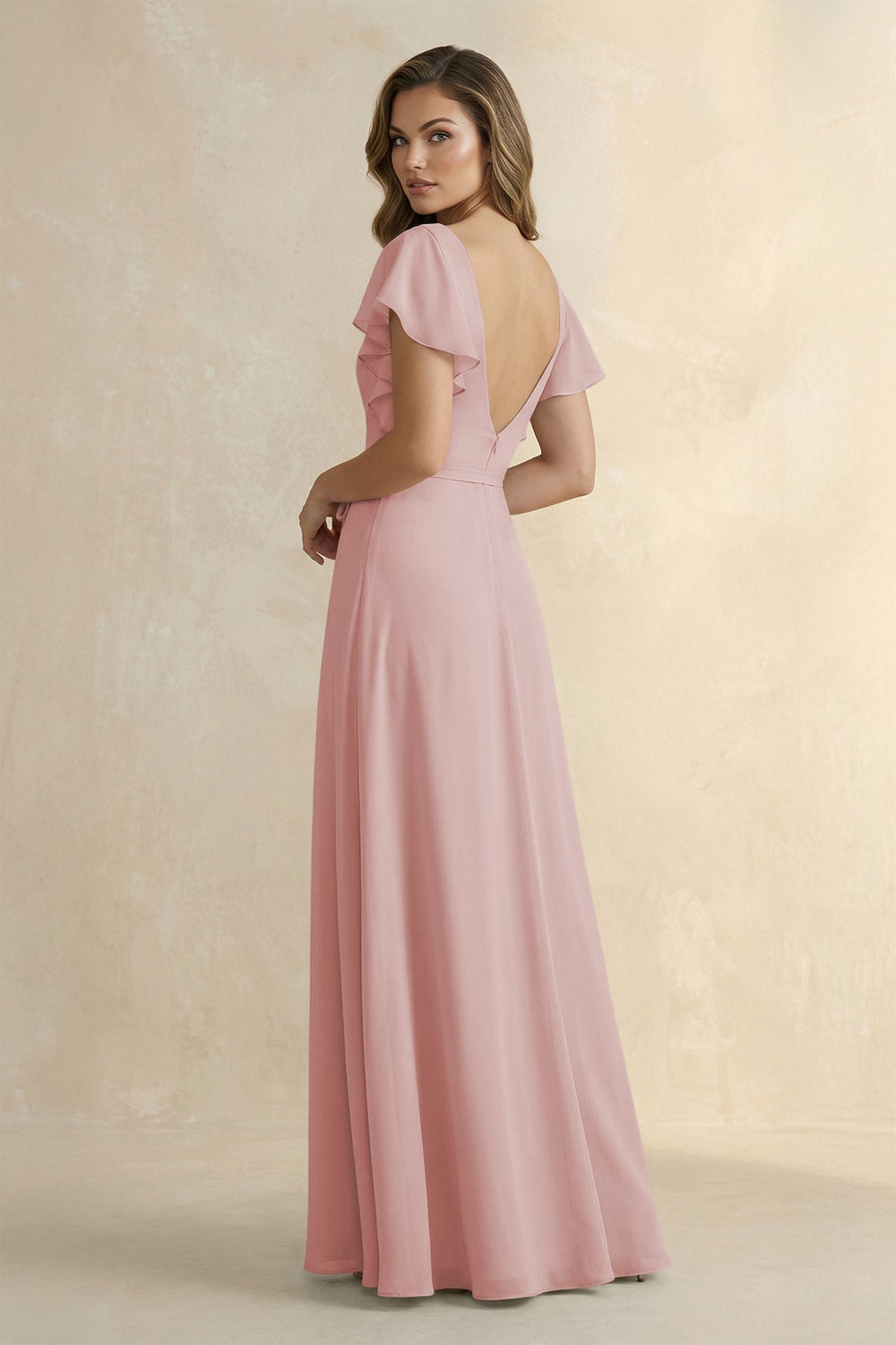 Ruffled V - Neck Chiffon A - Line Bridesmaid Dress in Dusty Rose - KissProm Bridesmaid Dresses