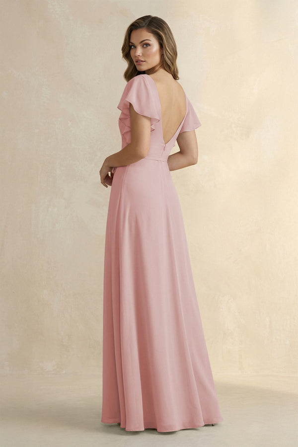 Ruffled V - Neck Chiffon A - Line Bridesmaid Dress in Dusty Rose - KissProm Bridesmaid Dresses