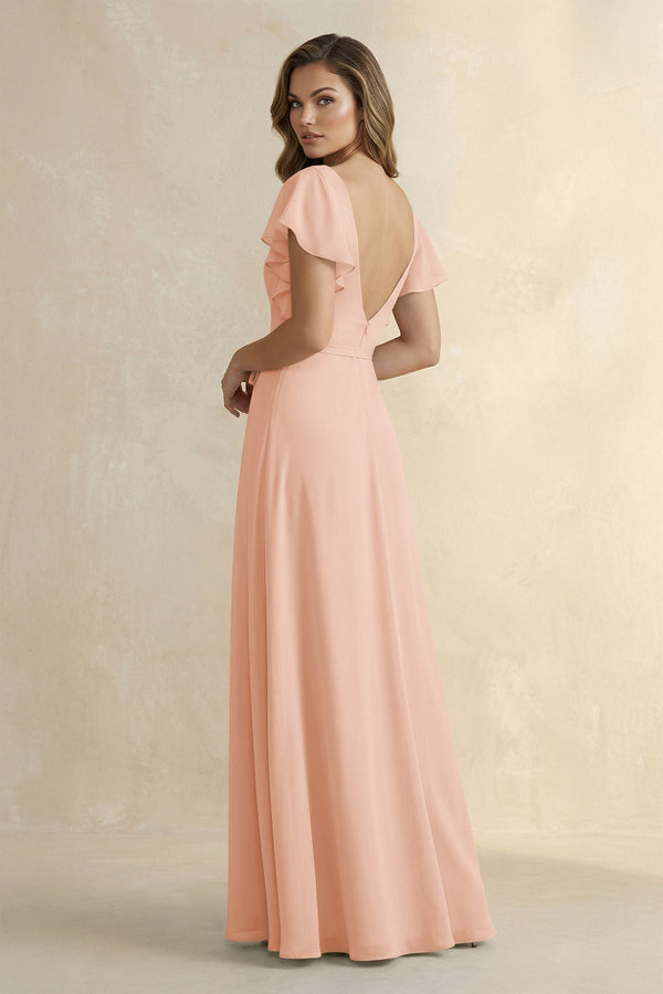 Ruffled V - Neck Chiffon A - Line Bridesmaid Dress in English Rose - KissProm Bridesmaid Dresses