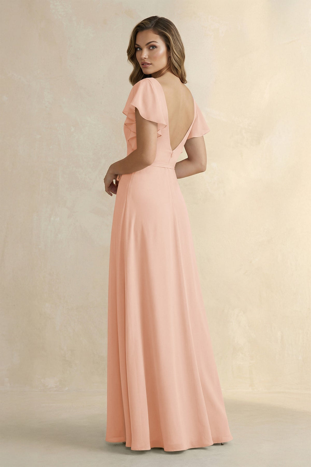 Ruffled V - Neck Chiffon A - Line Bridesmaid Dress in English Rose - KissProm Bridesmaid Dresses