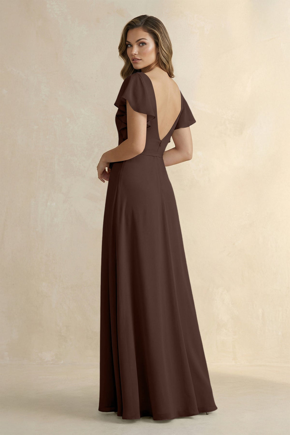 Ruffled V - Neck Chiffon A - Line Bridesmaid Dress in Espresso - KissProm Bridesmaid Dresses