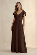 Ruffled V - Neck Chiffon A - Line Bridesmaid Dress in Espresso - KissProm Bridesmaid Dresses
