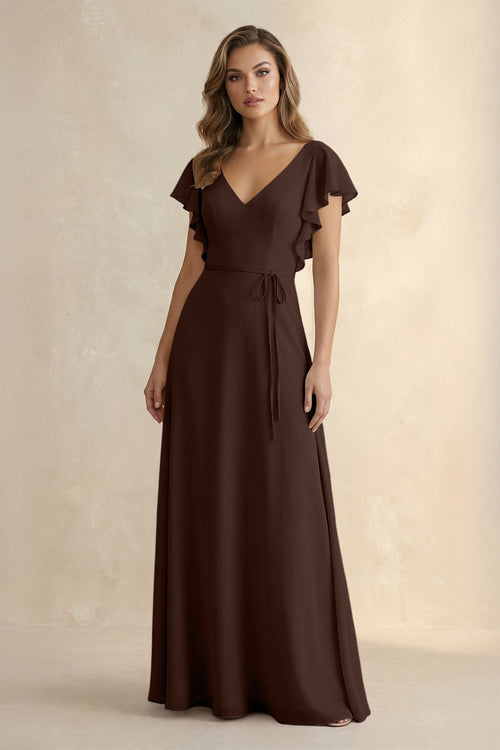 Ruffled V - Neck Chiffon A - Line Bridesmaid Dress in Espresso - KissProm Bridesmaid Dresses