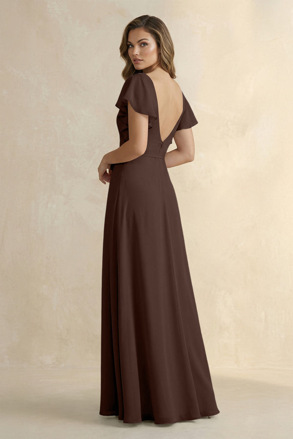 Ruffled V - Neck Chiffon A - Line Bridesmaid Dress in Espresso - KissProm Bridesmaid Dresses