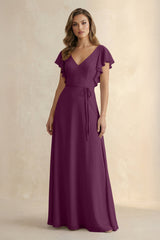 Ruffled V - Neck Chiffon A - Line Bridesmaid Dress in Fig - KissProm Bridesmaid Dresses