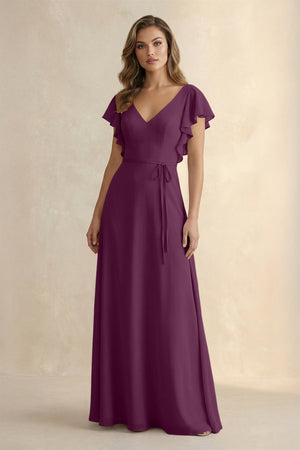 Ruffled V - Neck Chiffon A - Line Bridesmaid Dress in Fig - KissProm Bridesmaid Dresses