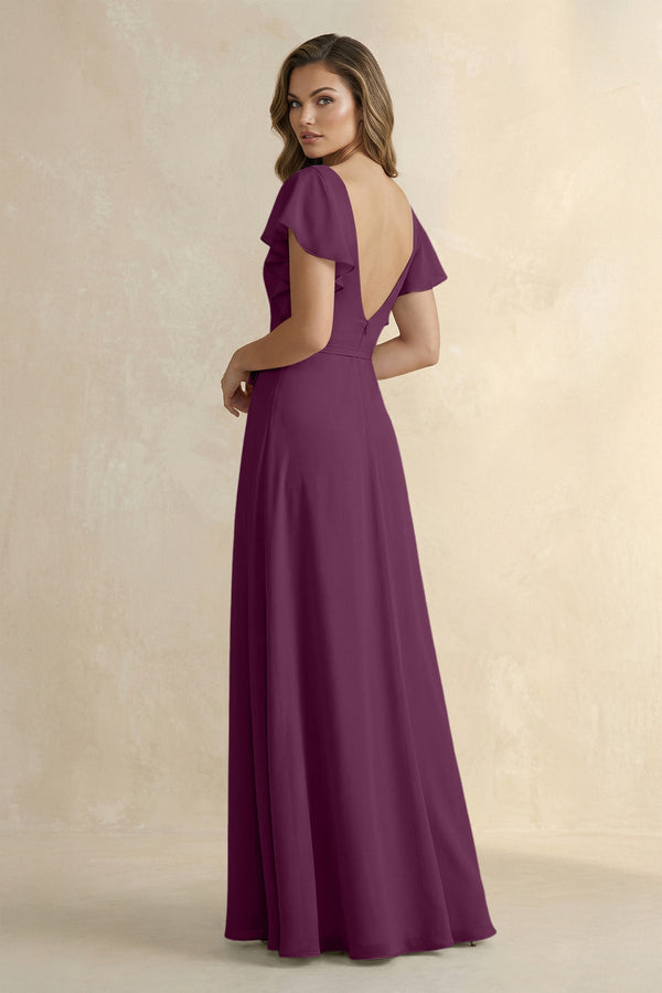 Ruffled V - Neck Chiffon A - Line Bridesmaid Dress in Fig - KissProm Bridesmaid Dresses