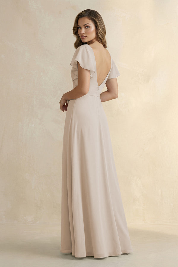 Ruffled V - Neck Chiffon A - Line Bridesmaid Dress in Frost - KissProm Bridesmaid Dresses