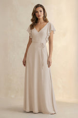 Ruffled V - Neck Chiffon A - Line Bridesmaid Dress in Frost - KissProm Bridesmaid Dresses