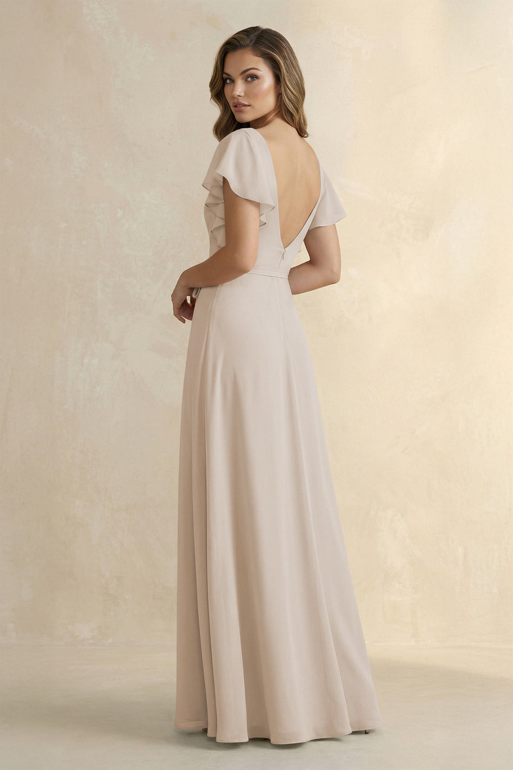 Ruffled V - Neck Chiffon A - Line Bridesmaid Dress in Frost - KissProm Bridesmaid Dresses