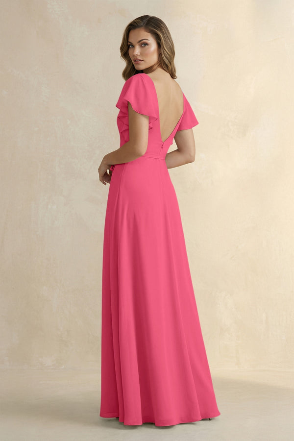 Ruffled V - Neck Chiffon A - Line Bridesmaid Dress in Fuchsia - KissProm Bridesmaid Dresses