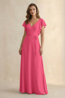 Ruffled V - Neck Chiffon A - Line Bridesmaid Dress in Fuchsia - KissProm Bridesmaid Dresses