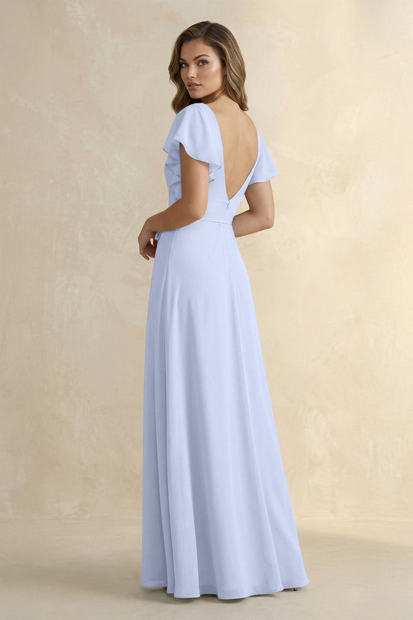 Ruffled V - Neck Chiffon A - Line Bridesmaid Dress in Ice - KissProm Bridesmaid Dresses